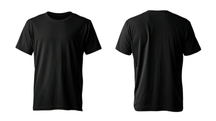 Two plain black t-shirts, front and back view, isolated on a dark background