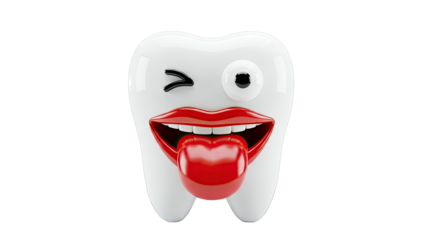 Whimsical Tooth Character Winking with Red Lips and Tongue