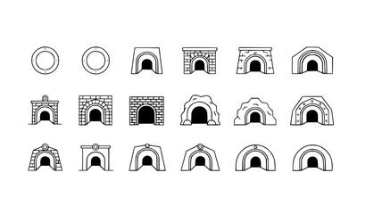 Minimal cartoon tunnel vector icons set with line and fill style for web and signage design