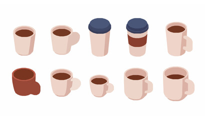 Isometric cartoon mug vector icons set for coffee shop and beverage app design