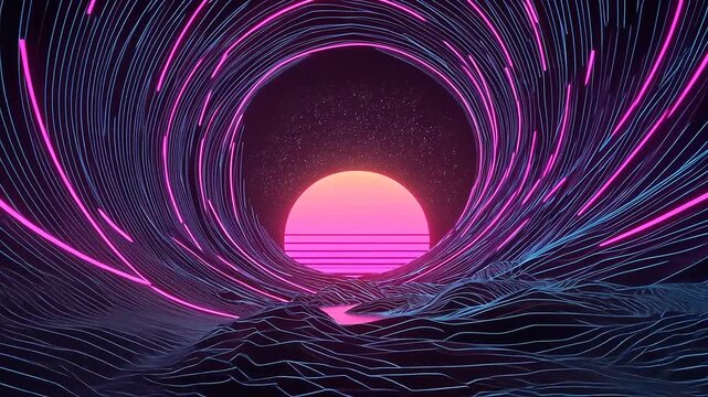 Vibrant neon sunset over stylized waves, creating a surreal landscape with swirling light patterns
