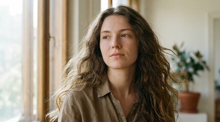 A young woman standing near a window, long natural hair flowing freely with gentle waves and volume, neutral minimal blurred background, soft natural light.