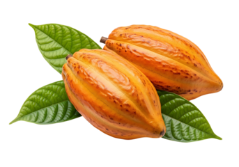 Cocoa pods with leaves isolated on transparent background