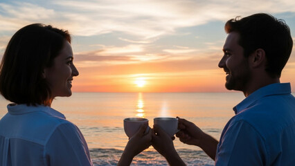Couple toasting coffee cups at sunrise on beach romantic morning by the ocean serene vacation concept