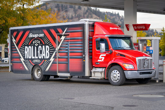 Snap-on Peterbilt mobile tool sales truck parked at a gas station