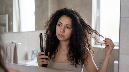 A young woman standing in front of a mirror holding a straightener or curling iron turned off. Hair appears dry, frizzy, and uneven. Neutral bathroom background.