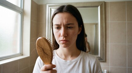 A young adult woman in a bathroom holding a hairbrush with strands caught in the bristles. Calm, concerned expression, neutral blurred background, focus on brush and face.