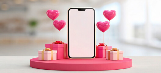 Mobile phone surrounded by gifts and heart balloons on a pedestal for a special occasion