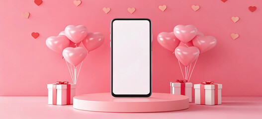 Smartphone Mockup on Pink Pedestal with Heart Balloons and Gifts for Romantic App Promotions