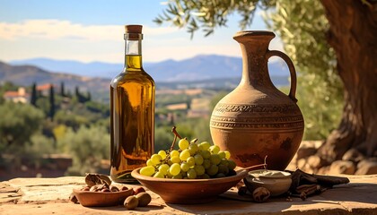 Still life of food and drink with a scenic landscape
