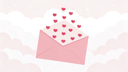 Cute Pink Envelope Spilling Hearts in a Dreamy Cloudy Sky