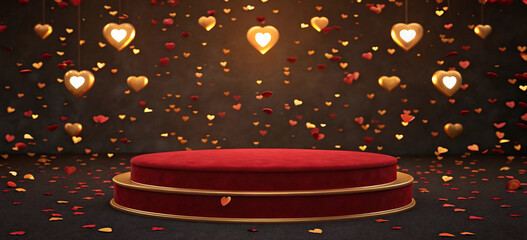 Romantic Valentine's Day podium with golden hearts and falling petals