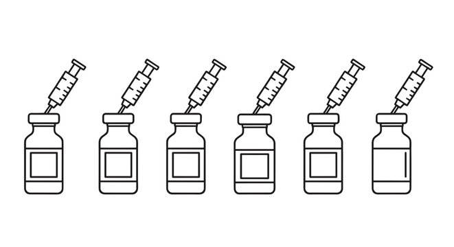 Set of medical vaccine vials with syringes minimalist black line art vector icons representing vaccination doses or immunization steps