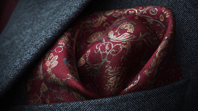 A close-up shot of a sophisticated patterned pocket square in a suit jacket