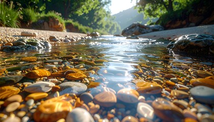 Sunlight glints on a shallow, pebble-lined stream flowing through a lush green valley
