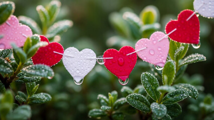 Paper heart garland with water droplets on leaves &ndash; Symbol of love and freshness on Valentine's Day