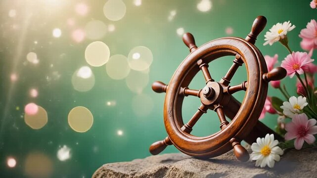 A wooden helm rests on stone, with pink and white flowers on the right and bokeh in the background