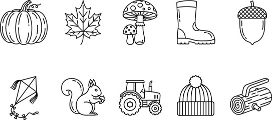 Minimalist autumn and harvest vector icon collection featuring black and white line art of a pumpkin, maple leaf, mushrooms, rubber boot, acorn, squirrel, and farm tractor. © Galib
