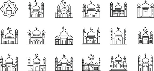Minimalist black and white line art vector collection of mosque icons featuring diverse Islamic architectural styles, domes, minarets, and crescent moon symbols. © Galib