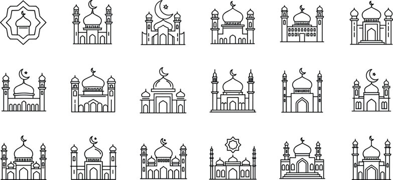 Minimalist black and white line art vector collection of mosque icons featuring diverse Islamic architectural styles, domes, minarets, and crescent moon symbols.