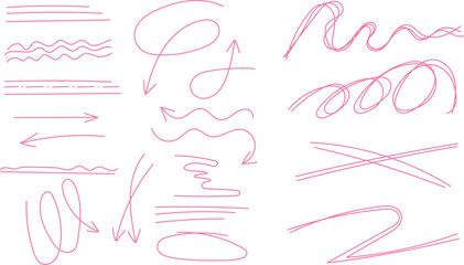 Collection of hand drawn pink doodle elements featuring various arrows underlines scribbles loops and directional markers for design.