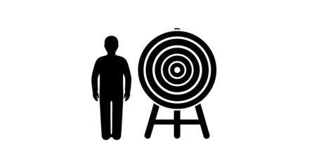 A black silhouette of a person standing next to a large target on an easel with concentric circles on a white background for business and goal setting concepts