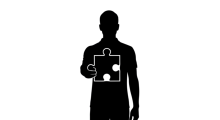 A silhouette of a man holding a puzzle piece in his hand on a white background representing problem solving and completion with concept