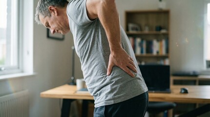 Adult standing indoors, slightly bent forward with one hand supporting the lower back. Softly blurred modern home or office background conveys everyday strain, fatigue, and mild back discomfort.