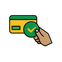 Payment icon. Hand holding out a credit card and a check mark. Economics, business, simple. Isometric design style.