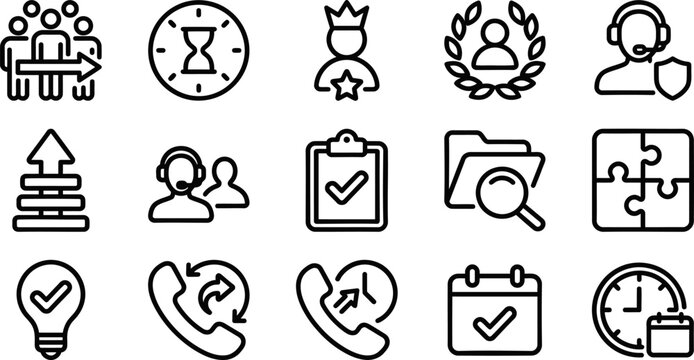 SaaS Support Team Performance and Workflow Line Icons Set, Helpdesk Operations Outline Symbols