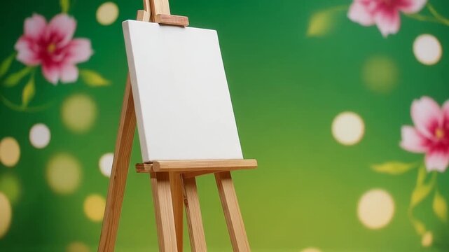 An empty canvas on a wooden easel set against a floral, green background