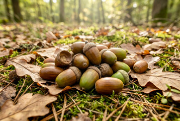 Acorns collected on forest floor during autumn in a wooded area with sunlight filtering through leaves