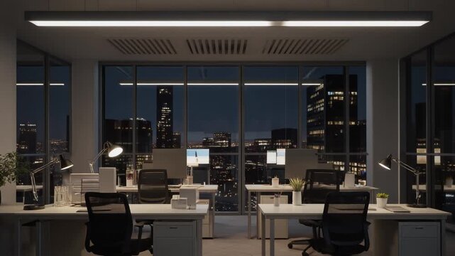 Empty Modern Office Interior with City Skyline at Night.