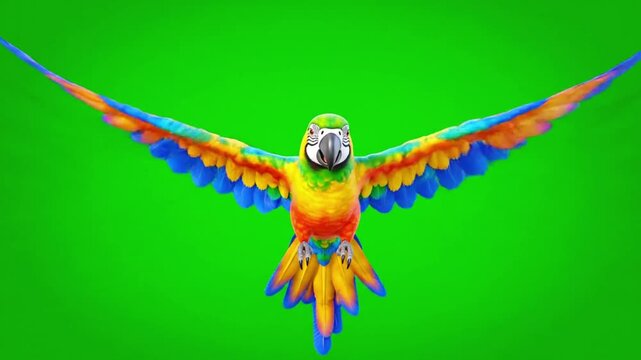 A vibrant blue, yellow, and red macaw parrot captured mid-flight against a bright green screen background.