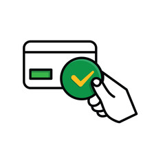 Payment icon. Hand holding out a credit card and a check mark. Economics, business, simple. Mixed design style.