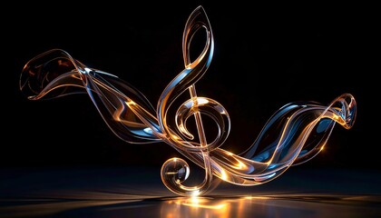 Shimmering, translucent treble clef flows with an ethereal, glowing ribbon