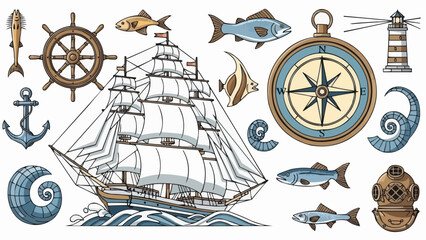 Nautical theme elements including a sailing ship, compass, lighthouse, and anchor. © Cihu