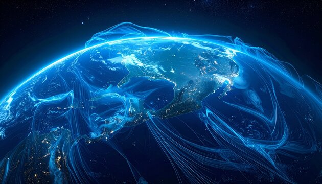 Futuristic glowing blue Earth, with flowing energy lines - Powered by Adobe