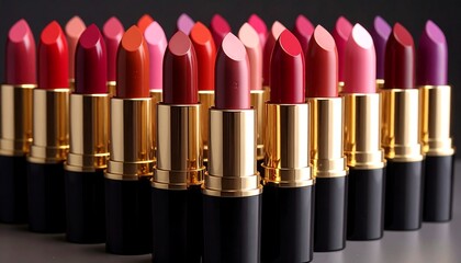 A close-up shot of a collection of lipsticks. The lipsticks are arranged in a group and display various shades of red and pink