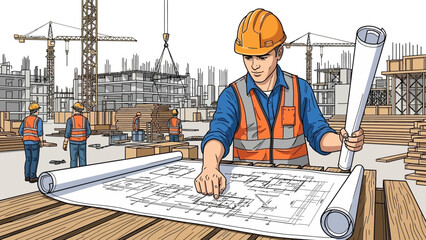Construction worker reviewing building plans on a wooden table at a bustling construction site