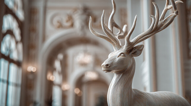 A stately deer sculpture standing inside of a palace, a symbol of elegance and luxury