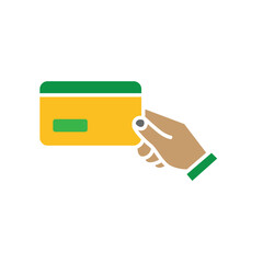 Payment icon. Hand holding out a credit card. Economics, business, accounting. flat design style.