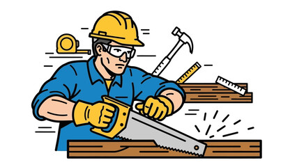 Construction worker sawing wood with safety gear and tools