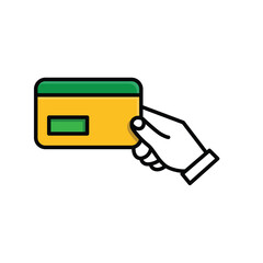 Payment icon. Hand holding out a credit card. Economics, business, accounting. mixed design style.