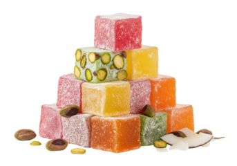 colorful turkish delight pyramid with pistachio and coconut on white background