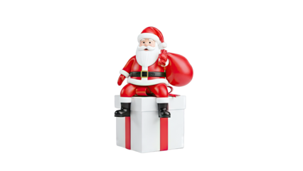 Santa Claus sitting on a gift box with a sack of presents