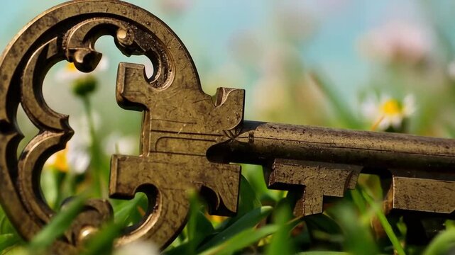 Close-up of an old, ornate key laying in the grass surrounded by daisies and greenery