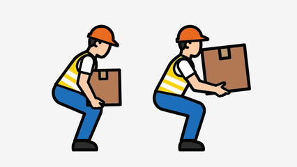 Fototapeta premium Workers demonstrating proper lifting techniques with boxes and safety gear