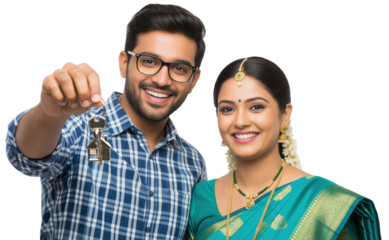 Smiling young couple holding house keys and a small model home, celebrating buying their new house and home ownership.