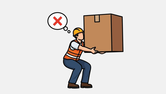 Worker lifting a heavy box with incorrect lifting technique shown